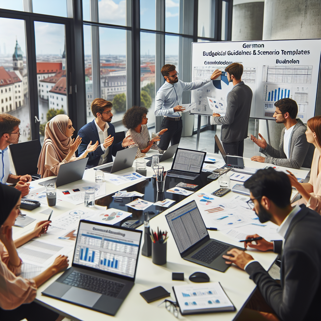 Collaborative workshop setting with budgeting experts reviewing German financial guidelines and scenario templates on laptops and whiteboards in a bright Munich office.