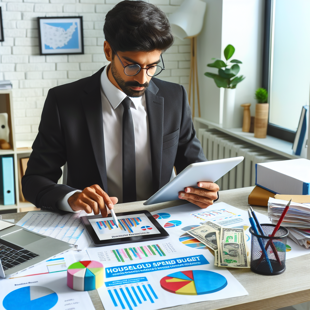 Bright office workspace with financial advisor reviewing colorful budget charts, German receipts, and digital tablet to demonstrate household spending optimization strategies.