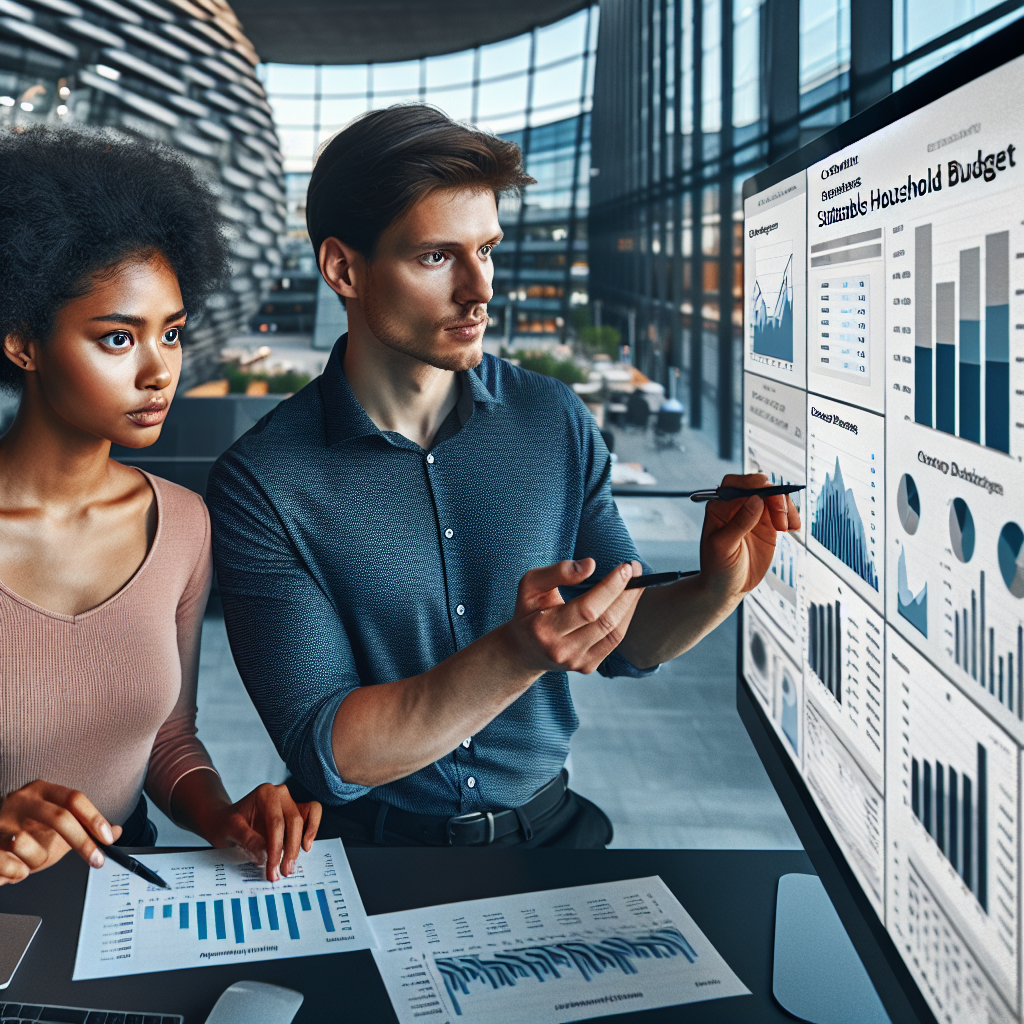 Two young German professionals analyzing consolidated expense reports and digital dashboards to evaluate sustainable household budget adjustments in a modern Munich workspace.