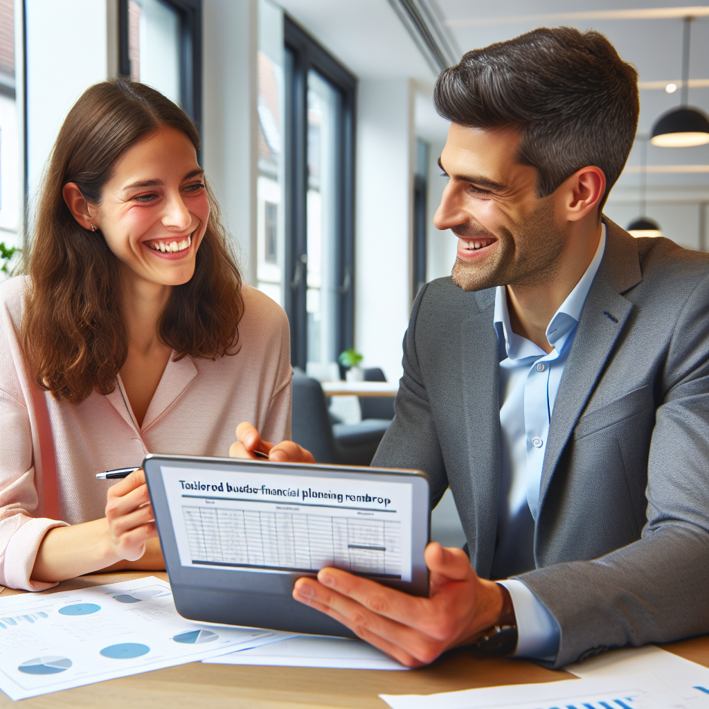 Friendly budgeting consultant discussing tailored financial planning roadmap with client using printed reports and digital tablet in Munich office.