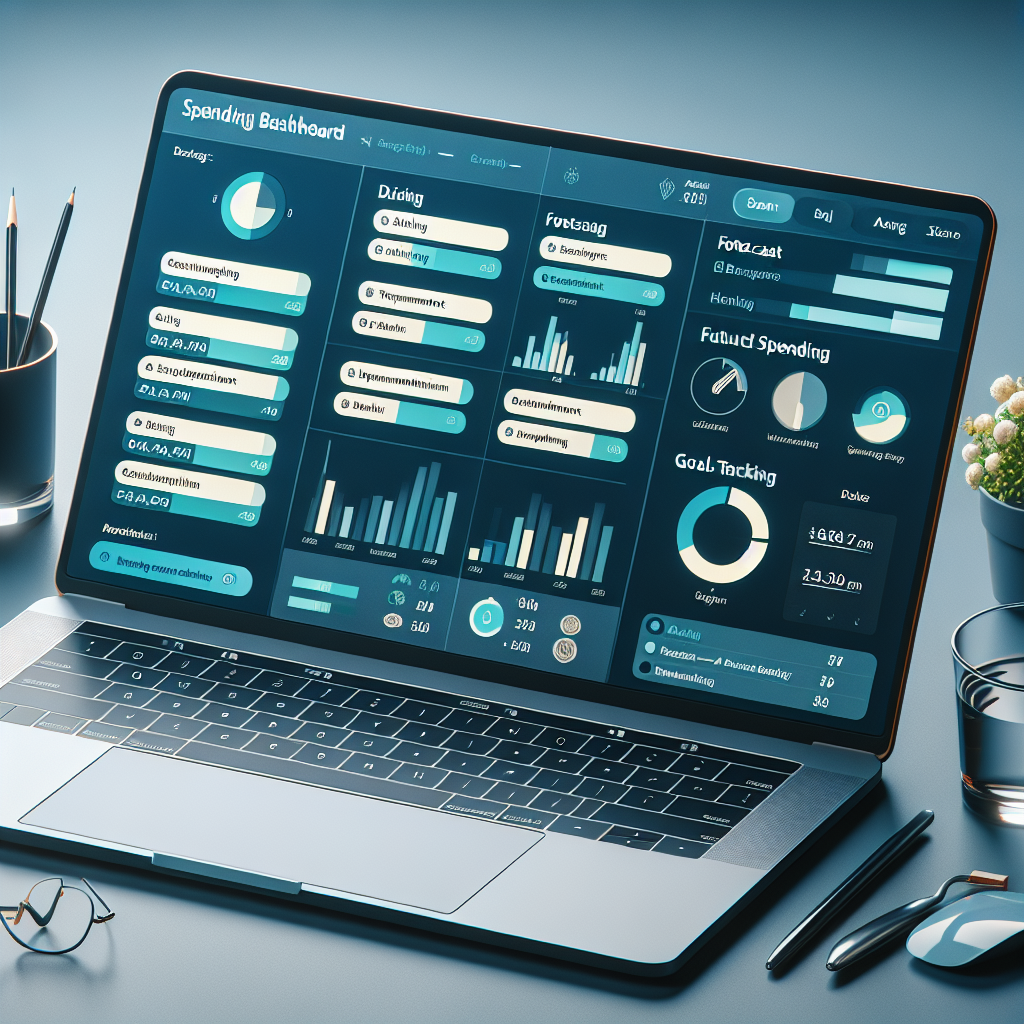 Modern budgeting dashboard showing categorized spending summaries, forecast charts, and goal tracking widgets on a laptop used by German professionals.